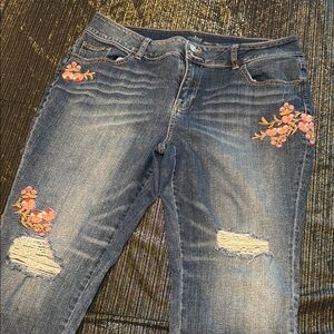 New York & Company Distressed Crop Jeans with Floral Embroidery